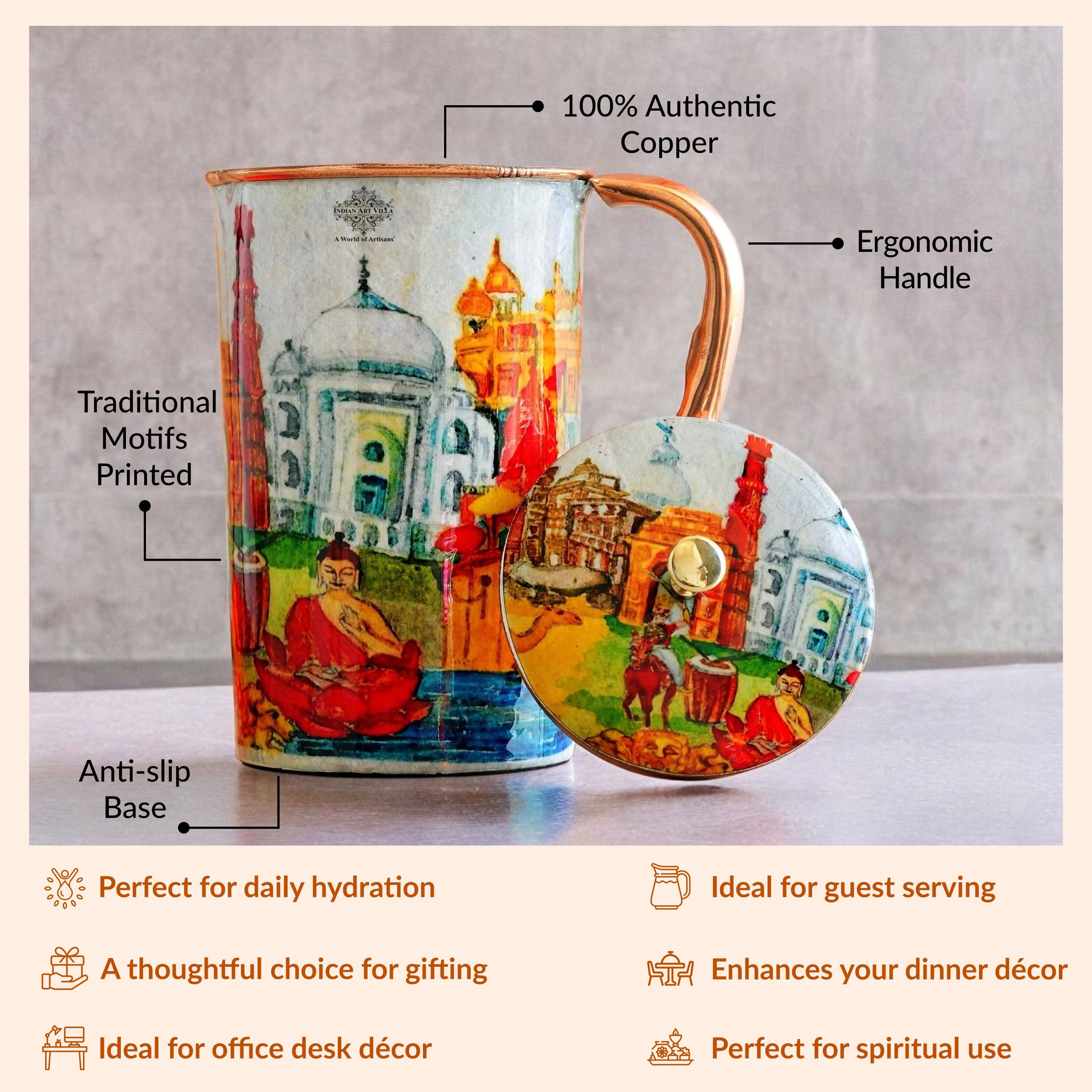 Pure copper printed jug padharo mhare desh design indiatour, 2000 ML